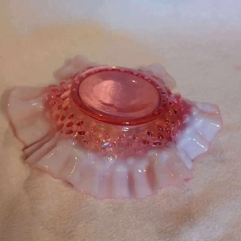 Vintage Cranberry Fenton Ruffled Dish Opalecent Hobnail